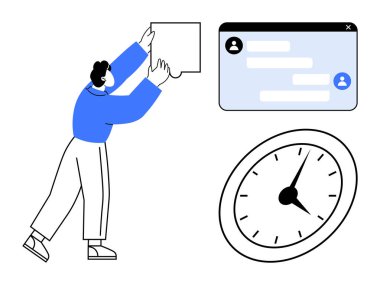 Sohbet arayüzü ve saati ile bildirimleri yöneten, işbirliğini, mesajlaşmayı, verimliliği, organizasyonu, takvime uymayı ve zaman takibini sembolize eden kişi. Basit bir iniş sayfası için ideal