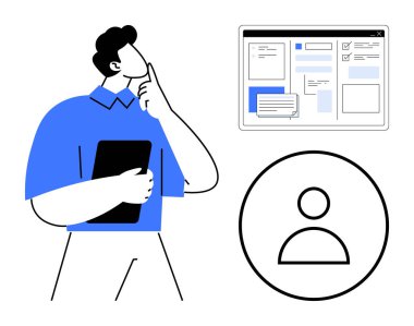 Tableti dikkatlice tutan adam, takım çalışması, dijital strateji, UX tasarımı, kişisel markalaşma, çevrimiçi iletişim, kullanıcı araştırması, modern teknoloji için web kullanıcı profili arayüzü idealini inceliyor