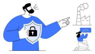 Nişan alırken kalkan tutan bir adam, dumanlı endüstriyel fabrika, kadın kalbi. Siber güvenlik, gizlilik, teknoloji, endüstri güvenliği, güvenli kodlama, BTMM öğrenimi için ideal