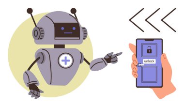Tıbbi haç sembolü olan robot ekranın kilidini aç ve otomasyon ve teknolojiyi vurgula. Sağlık teknolojisi için ideal, güvenlik için yapay zeka, robotik, geleceksel etkileşimler, cep telefonu