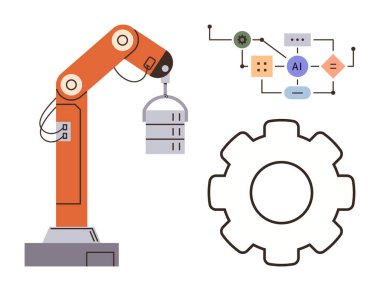 Robotik kol bir bileşeni kaldırıyor, yapay zeka işlemlerine bağlı akış şeması ve vites ögesi. Teknoloji, yapay zeka, otomasyon, veri bilim endüstrisi 4.0 robotik ve yenilik kavramları için idealdir. Basit.