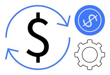 Yuvarlak oklar, dişliler ve madeni para işaretleri finansal akışı, süreci ve verimliliği vurguluyor. Finans yönetimi, otomasyon, yatırım, ekonomi kaynakları teknolojisi için ideal
