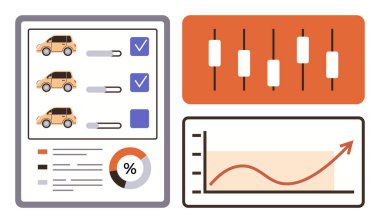 Kene kutuları, sürgüler, yüzde tablosu, şamdan grafiği ve büyüme çizgisi olan arabalar. Filo yönetimi, analitik, veri izleme, istatistik karar verme mekanizması için ideal