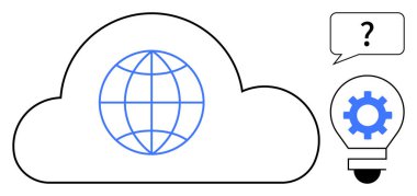 Küresel bağlantıyı temsil eden küre bulutu, dişli ampul ve yenilik ve problem çözmede soru işareti. Teknoloji, ağ oluşturma, küresel ulaşım, veri, yenilik, bulut için ideal