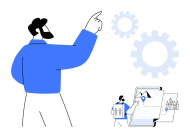 Teknolojiden esinlenilmiş elementlere, harita görsellerine, süreç, fikir ve teknoloji için vites simgelerine bakan kişi. Navigasyon, seyahat, planlama, yenilikçilik üretkenlik yolculuğu için ideal basit düz kavramlardır