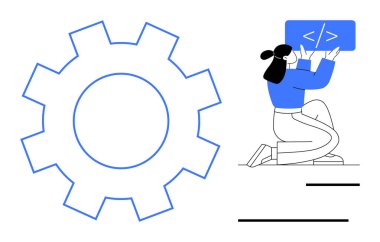 Geliştirici büyük bir dişlinin yanında kodlama işaretiyle çalışıyor, teknolojiyi, işbirliğini ve yaratıcılığı sembolize ediyor. Web geliştirme, takım çalışması, problem çözme, mühendislik ve yenilik için ideal