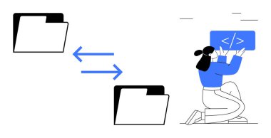 Dosya dizinleri arasında ok olan dosya aktarım simgelerinin yanında kodlanan kadın. Geliştirme, programlama, veri yönetimi, teknoloji, kodlama, iletişim, basit iniş sayfası için ideal