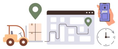 Forklift taşıma paketleri, güzergah ve konum şifreli harita, kilidi açık akıllı telefon, saat. İkmal zinciri, sevkiyat, teslimat izleme, planlama, depo lojistik zaman yönetimi için ideal