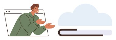 Tarayıcı penceresindeki bir adam bulut şeklindeki bir kitaba doğru işaret ediyor, dijital öğrenmeyi simgeliyor. Eğitim, teknoloji, yenilik, iletişim, e-öğrenme, bulut depolama, erişilebilirlik için ideal