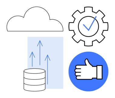 Bulut, veritabanı, yukarı bakan oklar, işaretli teçhizat, veri işleme için idealler, bulut teknolojisi, iş akışı optimizasyonu, kalite güvencesi, dijital depolama kullanıcı memnuniyeti basit