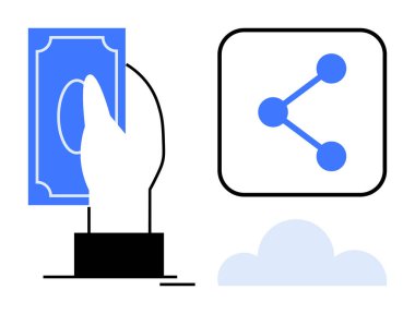 El ele tutuşan para birimi faturası, düğümlerle simge paylaşımı, ve altındaki bulut. Finans, teknoloji, bağlantı, dijital cüzdanlar, çevrimiçi paylaşım için ideal, fintech basit iniş sayfası