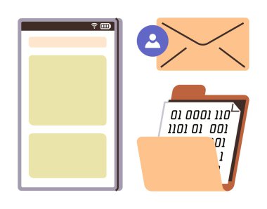 Uygulama düzeni ile telefon ekranı, bir kullanıcı avatarı ile e-posta simgesi, ve bir dizinde ikili veri. Teknoloji, iletişim, veri alışverişi, dosya paylaşımı, e-posta hizmetleri, üretkenlik cep telefonu için ideal