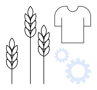 Buğday sapları, kıyafet silueti ve tarım, tekstil endüstrisi ve yenilikleri temsil eden vites sembolleri. Sürdürülebilirlik, çevre bilinci, çiftlikten modaya, yenilenebilir kaynaklar için ideal yeşil