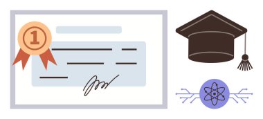 İmza ve kurdele ile diploma, mezuniyet şapkası, bilim ve öğrenmeyi temsil eden atom diyagramı. Eğitim, başarı, nitelikler, sertifikalar, akademik kilometre taşları, STEM kariyeri için ideal