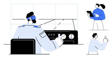 Pilot uçak kontrolleriyle etkileşime girerken, ekip üyeleri tablet ve el işaretleriyle uçuş verilerini tartışıyor. Takım çalışması, havacılık, liderlik, iletişim ve karar verme için ideal