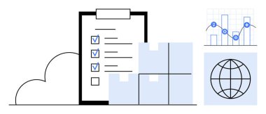Tamamlanmış görevleri, bulutları, istiflenmiş nakliye kutuları, veri tablosu ve küresi olan kontrol listesi. Lojistik, tedarik zinciri, küresel ticaret depolama envanter verimliliği için ideal. Basit düz metafor