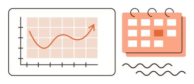 Bir takvimin yanında yükselen eğilim ile çizgi grafiği, ilerlemeyi, planlamayı ve zaman yönetimini vurguluyor. Üretkenlik, zamanlama, analitik, strateji, başarı hedefi sade düz ayarlama için idealdir