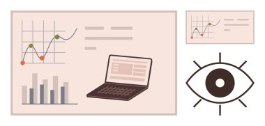 İş veri tabloları, dizüstü bilgisayar ve görsel odaklanma konsepti. Analitik, raporlama, üretkenlik, strateji, vizyon anlayışı ve dijital trendler için ideal. Minimalist düz tasarım metaforu