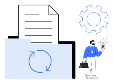 Dosya dizini, belge ve senkronizasyon okları, işlem otomasyonu için teçhizat, fikirler için ampul tutan adam. İş, iş akışı, teknoloji, yenilik, verimlilik, organizasyon için ideal