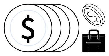 İçinde bir dolar işareti ve bir evrak çantası olan birikmiş paralar maddi değeri, serveti ve profesyonel finansmanı iletir. Bankacılık, yatırım, tasarruf, ticaret, iş büyümesi ve kâr odaklı