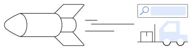 Roket hızla ilerliyor, kargo taşıyan teslimat kamyonu ve hız, teknoloji ve yenilikleri vurgulayan arama çubuğu ikonu. Lojistik, nakliye, e-ticaret ve teknolojik yenilik için ideal. Basit girişimler.