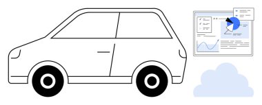 Analitik gösterge paneli, grafikler, pasta grafiği ve bulut simgesi olan kompakt bir araba. Teknoloji, yenilik, hareketlilik, veri paylaşımı, bağlantı, otomasyon sade iniş sayfası için ideal