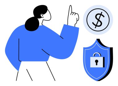 Kadın parmakla işaret ediyor, dolar işareti zenginliği simgeliyor, kalkan kilidi ile korunmayı simgeliyor. Finans, güvenlik, tasarruf, yatırım, çevrimiçi güvenlik bankacılığı güveni için ideal. Temiz ve basit bir daire
