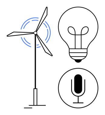 Dönen bıçaklı rüzgar türbini, ampul fikri sembolize ediyor iletişim için mikrofon. Sürdürülebilirlik, yenilik, enerji, yaratıcılık, teknoloji, medya sade iniş sayfası için ideal