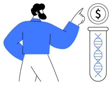 Adam DNA dolu test tüpünün üzerinde bir dolar işaret ediyor, biyoteknoloji fonunu sembolize ediyor. Bilim, ekonomi, yenilik, biyoteknoloji, iş büyümesi, sağlık araştırmaları ve mali hedefler için ideal