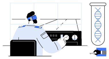 Kontrol panelinde bilim adamı, DNA ipliğini gösteren test tüpü, DNA dizilimli robot el. Bilim, yenilik, biyoteknoloji, araştırma, DNA teknolojisi laboratuvarı için ideal. Basit bir düz metafor.