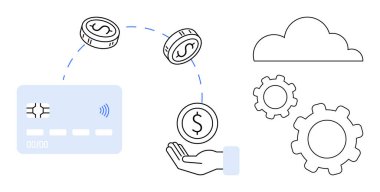 Kredi kartı işleme paraları otomasyonu temsil eden el, bulut ve dişlilere aktarılıyor. Çevrimiçi bankacılık, e-ticaret, finans hizmetleri, bulut entegrasyonu, otomasyon için ideal