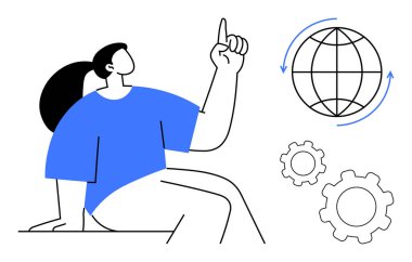 Oklar ve dişlilerle dünyanın yanında oturan ve yukarı bakan kişi. Yenilik için ideal, küresel fikirler, teknoloji, yaratıcılık, takım çalışması, karar verme, basit iniş sayfası