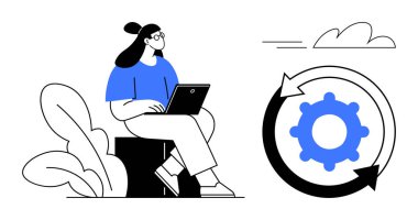 Dizüstü bilgisayarlı bir kadın bitkilerin yanında oturuyor, dönen oklarla çevrelenmiş, iş akışını, yeniliği ve gelişimi temsil eden aletleri gözlemliyor. Üretkenlik, strateji, yönetim ve takım çalışması için ideal