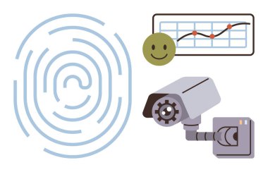 Parmak izi tasarımı, güvenlik kamerası, gülen yüz ve çizgili analitik çizelge. Güvenlik, analitik, biyometrik veriler, teknoloji gizlilik koruması için ideal. Basit düz