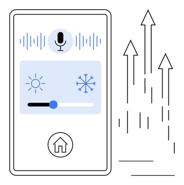 Smartphone arayüzü ses asistanı mikrofon, klima kaydırıcı ve yönlü yükselen oklar. Teknoloji için ideal, yenilik, akıllı ev, otomasyon, konfor, verimlilik basit düz
