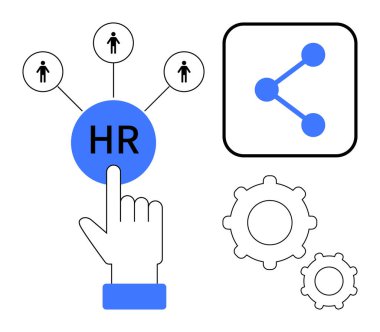 İnsan ilişkilerine, vites sembollerine ve ikon paylaşımına bağlı insan kaynakları ikonuna el işareti. İnsan kaynakları, takım yönetimi, ağ, otomasyon, teknoloji, iş akışı için ideal basit iniş sayfası