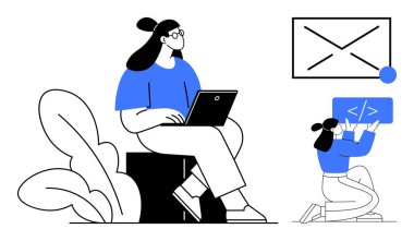 Bitkilerin yanında dizüstü bilgisayarda çalışan bir kadın, başka bir kadın arayüzde kodlama elementleri yaratıyor. Takım çalışması, işbirliği, kodlama, tasarım, teknoloji, üretkenlik, basit iniş sayfası için ideal