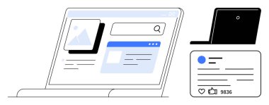 Bir arama çubuğu, bir medya kartı ve web sayfası düzenini gösteren dizüstü bilgisayarı aç. Yakınlarda, bir akıllı telefon sosyal medya bağlantısını gösteriyor. Teknoloji, iletişim, ağ, sosyal medya için ideal