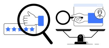 Baş parmaklar ve yıldızlar üzerinde büyüteç kullanıcı profilinde büyüteç, dengeyi sembolize eden ölçekler. Araştırma, geri bildirim, karar, kalite, iş, değerlendirme analizi için ideal