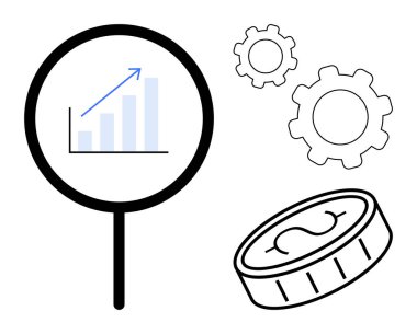 Büyüme çubuğu çizelgesini büyüme oku ile işaretlemek, süreç ya da strateji öneren dişliler ve para birimini sembolize eden madeni para. Finans, ekonomi, analiz, strateji, optimizasyon ve iş için ideal