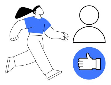 Kendine güvenen bir kadın, bir profil ikonu ve bir onay sembolü eşliğinde enerjiyle ileriye doğru adımlar atar. Pozitiflik, motivasyon, bireysellik, takım çalışması, başarı, aktivite, basit iniş sayfası için ideal