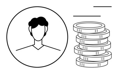 Madeni para, gelir ya da kişisel ekonomiyi sembolize eden madeni para ve çizgilerin yanındaki dairesel profil avatarı. Finans, tasarruf, yatırım, bütçe, fintech maaş ekonomisi için ideal. Basit.