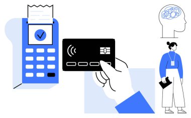 Faturalı ödeme terminalinin yanındaki kablosuz kartı elinde panosu olan, beyin çizgisi olan biri. Fintech, Security, technology, business, innovation, shopping education için ideal