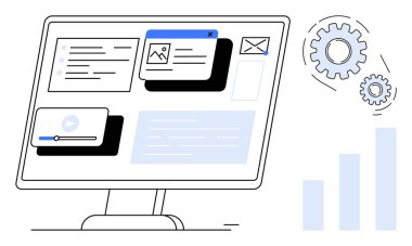 Ekranı aygıtlar, ayarlar, e- posta, ortam ve belgelerle etkileşen dişliler ve büyüme grafiği ile birlikte izle. İş akışı, teknoloji, otomasyon, veri verimliliği geliştirme için ideal basit düz