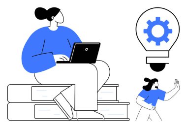 Yığılmış kitaplarda dizüstü bilgisayar kullanan biri ampulün içindeki büyük teçhizat yenilikleri, küçük figürleri temsil ediyor. Eğitim, teknoloji, yaratıcılık, takım çalışması, arzu, problem çözme için ideal