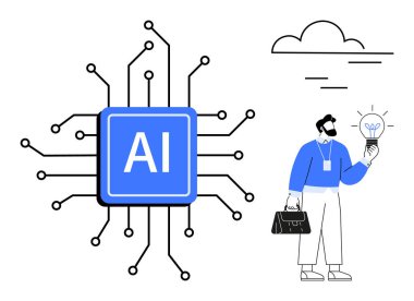 Merkezi yapay zeka çipi devrelerle çevrili, elinde parlayan bir ampul tutan adam, yeniliği, yaratıcılığı ve gelişmeleri sembolize ediyor. Teknoloji için ideal, yapay zeka gelişimi, yenilik, yaratıcılık
