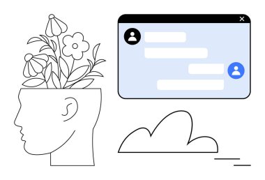 Çiçek açan insan kafası, konuşma balonu arayüzü ve soyut bulut. Ruh sağlığı, iletişim, yaratıcılık, farkındalık, kişisel gelişim, dijital etkileşim için ideal basit iniş sayfası