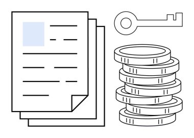 Para, kağıt ve anahtar yığını servet, erişim, veri güvenliği, yasal anlaşmalar, tasarruflar, mali başarı ve izinleri sembolize ediyor. Finans hukuku erişim kontratları için ideal ve basit