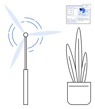 Rüzgar türbini pervaneleri dönüyor, saksıya bitki, parlak analitik gösterge paneli. Sürdürülebilirlik, enerji, büyüme, çevre dostu kavramlar, yenilenebilir, ofis kurulumu için ideal