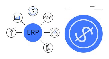 Merkezinde ERP olan dairesel diyagram finans, ekip, analitik, araçlar, otomasyon simgelerine bağlı. İş stratejisi, süreç yönetimi, veri analizi, teknoloji entegrasyonu finans için ideal